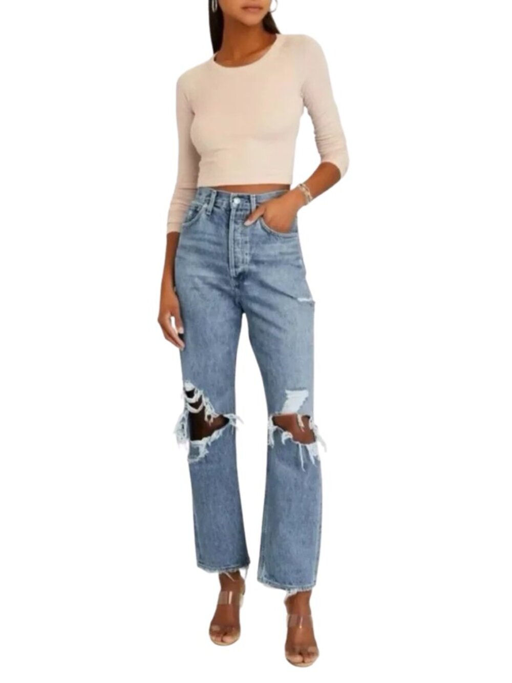 Agolde 90's Mid Rise Loose Fit Jeans Fall Out Destroyed Rigid Denim Button Fly